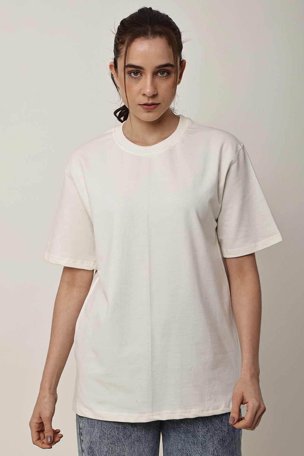 Cream Solid Oversized T-Shirt