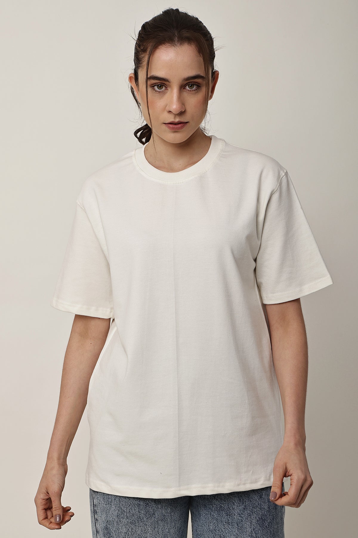 Cream Solid Oversized T-Shirt