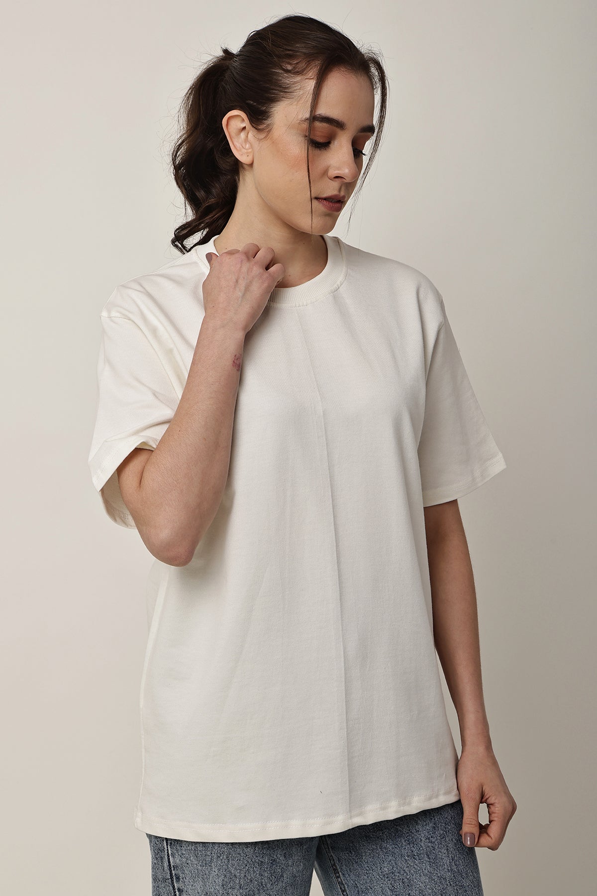Cream Solid WOMENS Oversized T-Shirt