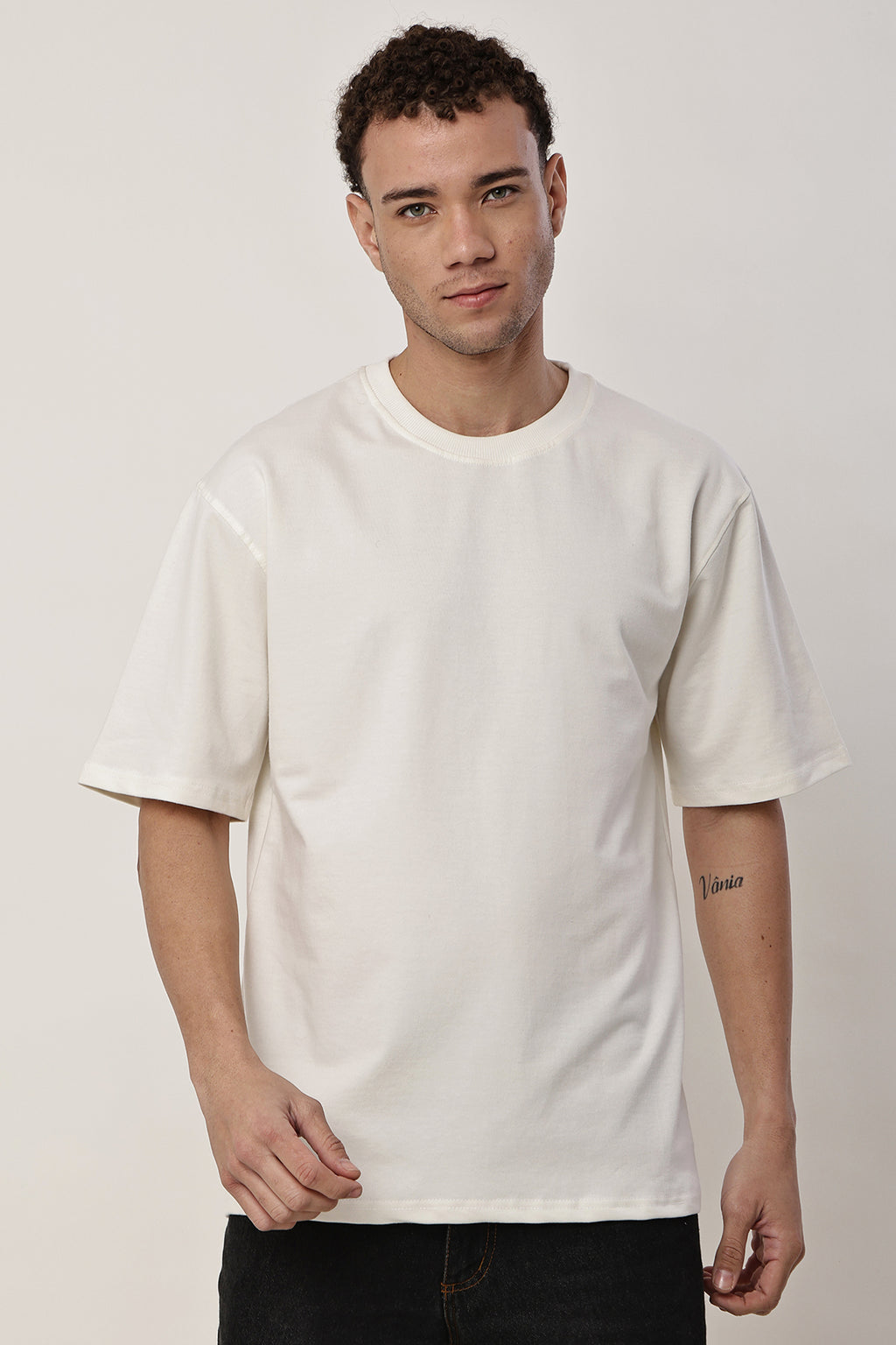 Cream Solid MENS Oversized T-Shirt - GRAVELLO