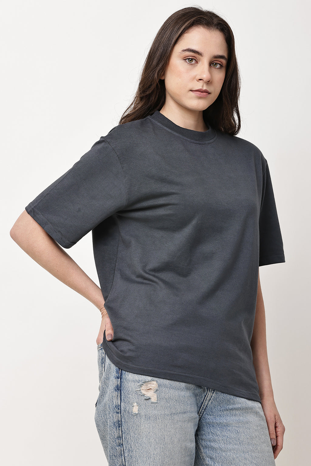 Grey Solid WOMENS Oversized T-Shirt - GRAVELLO