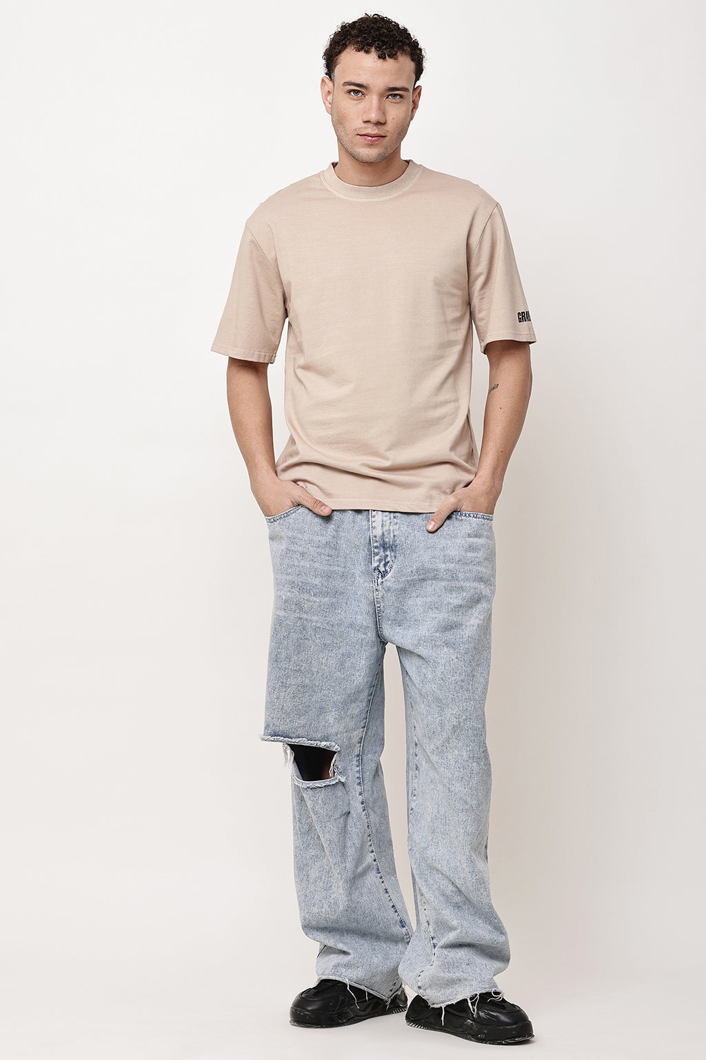 Beige Solid MENS Oversized T-Shirt - GRAVELLO