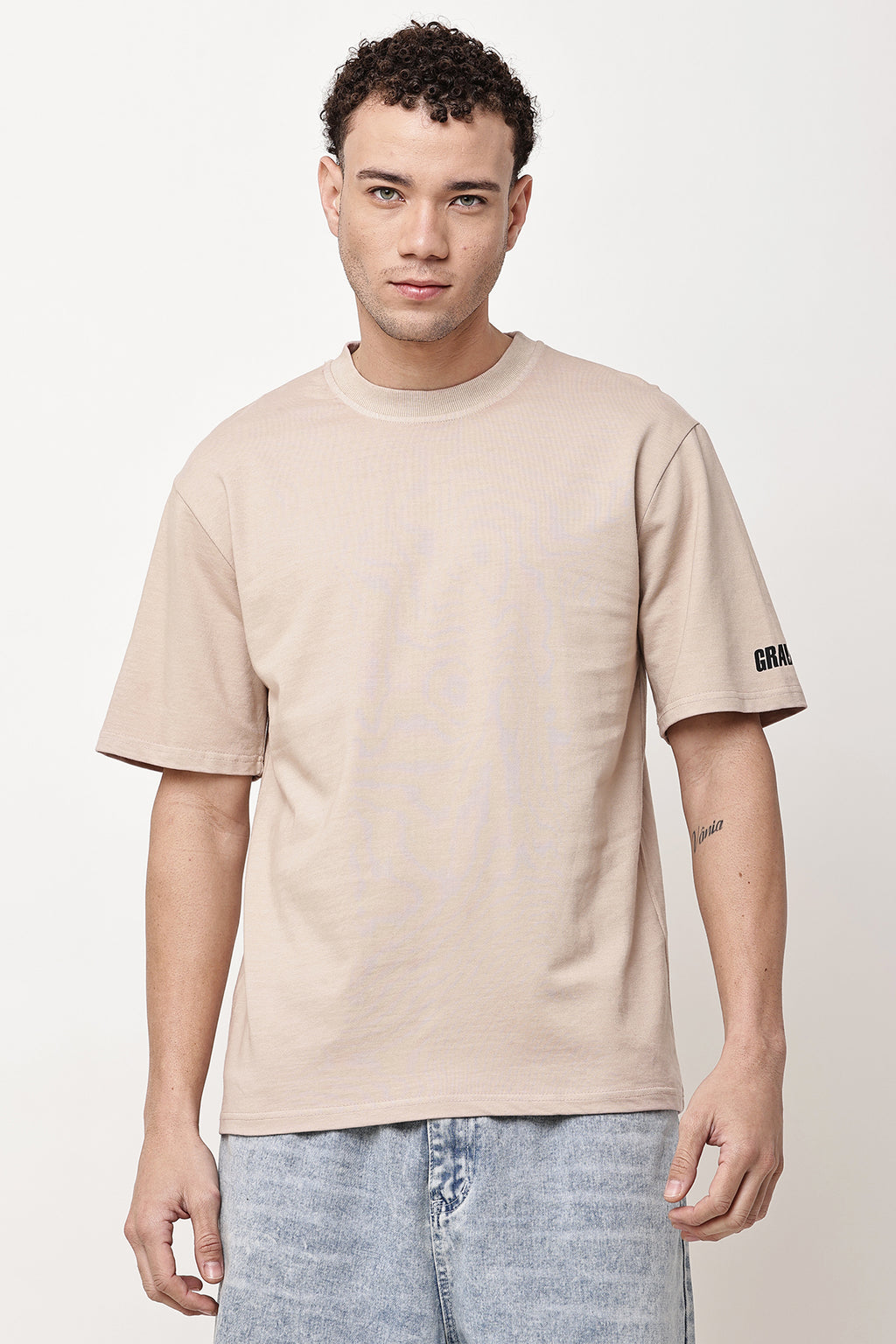 Beige Solid MENS Oversized T-Shirt - GRAVELLO