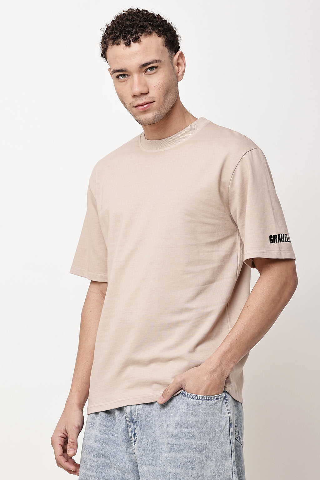 Beige Solid MENS Oversized T-Shirt - GRAVELLO
