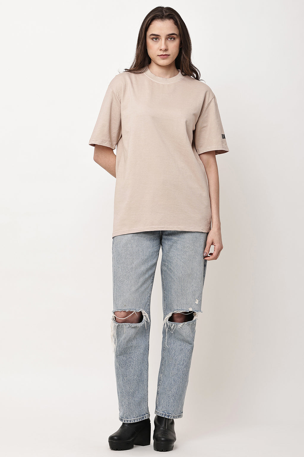 Beige Solid WOMENS Oversized T-Shirt - GRAVELLO
