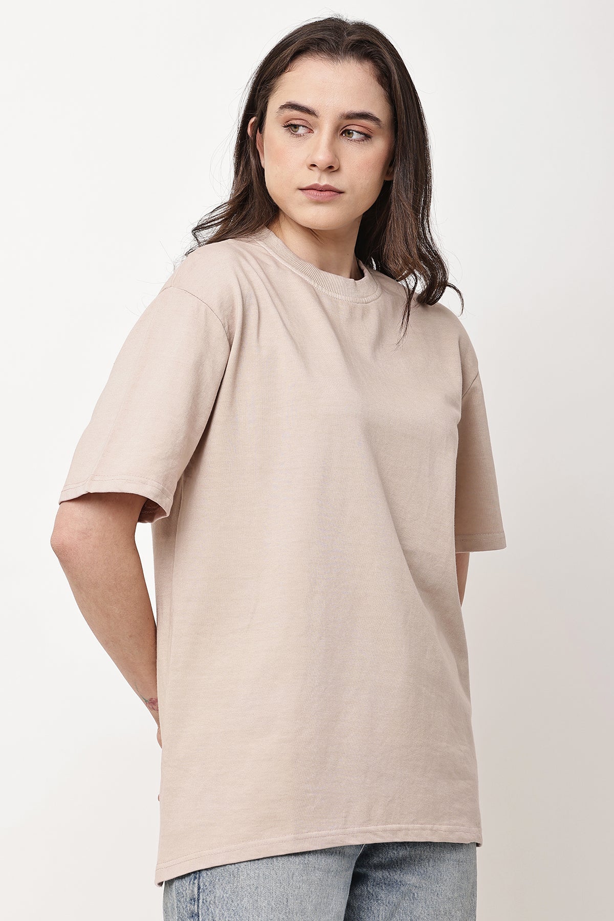 Beige Solid WOMENS Oversized T-Shirt