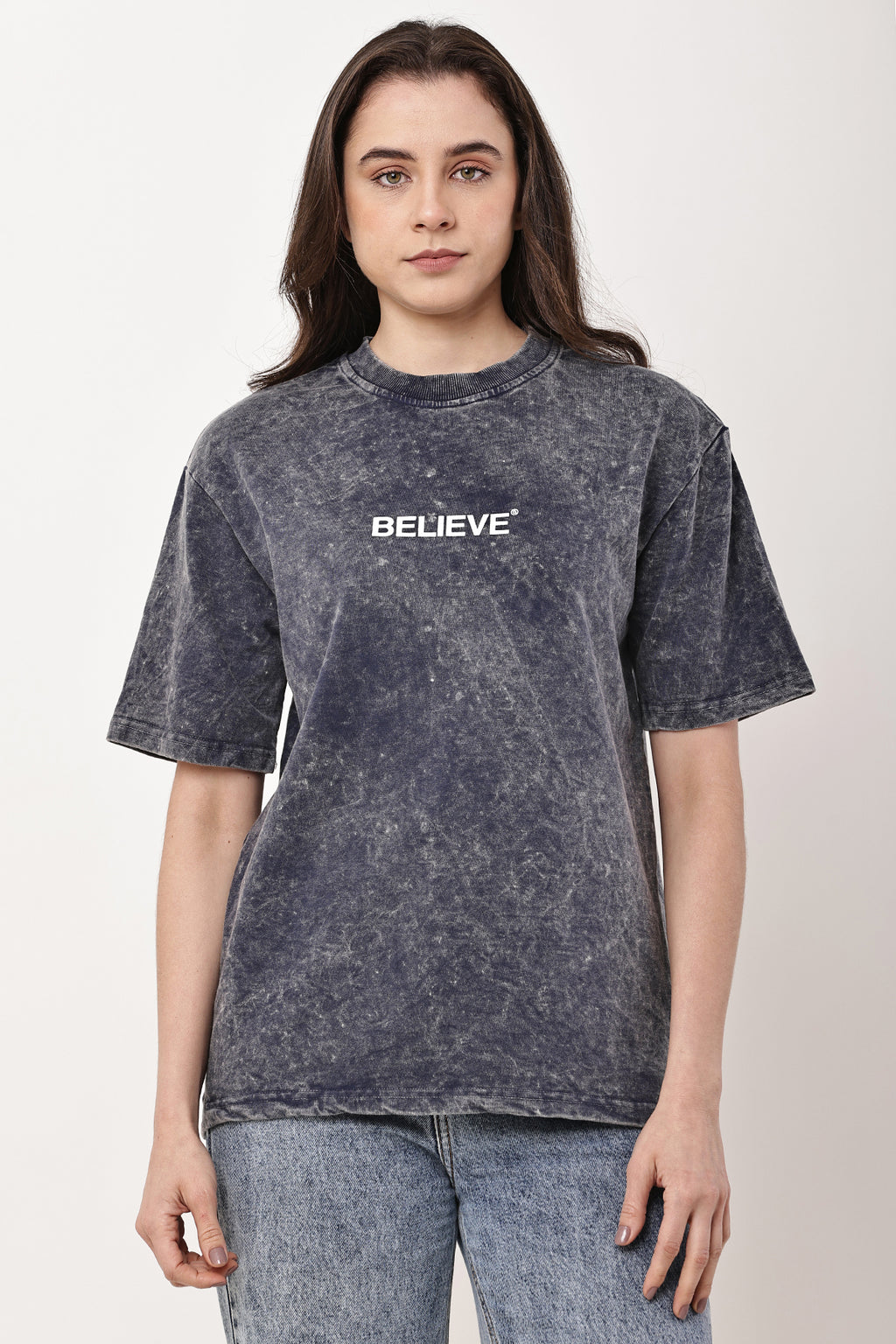 BELIEVE Stone Washed WOMENS Oversized T-Shirt - GRAVELLO