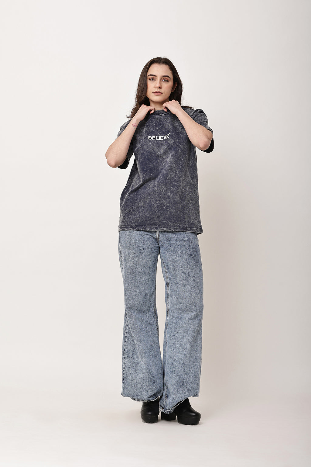 BELIEVE Stone Washed WOMENS Oversized T-Shirt - GRAVELLO