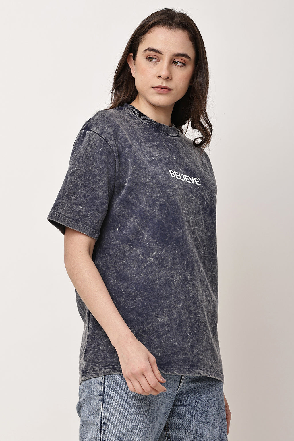 BELIEVE Stone Washed WOMENS Oversized T-Shirt - GRAVELLO