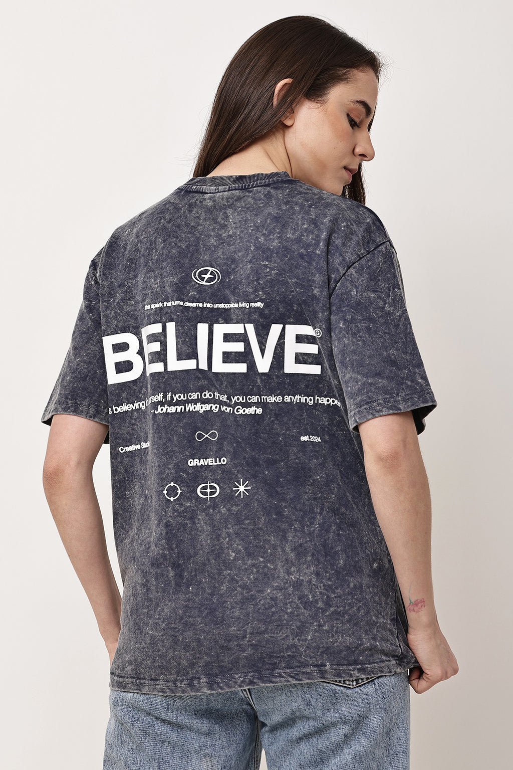 BELIEVE Stone Washed WOMENS Oversized T-Shirt - GRAVELLO