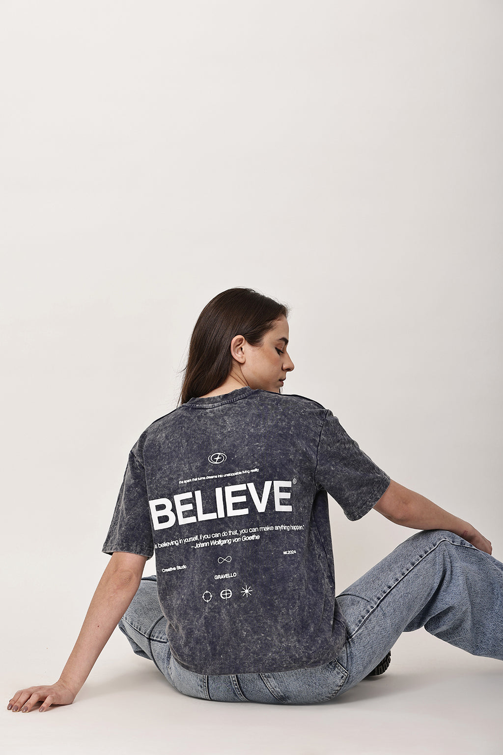 BELIEVE Stone Washed WOMENS Oversized T-Shirt - GRAVELLO