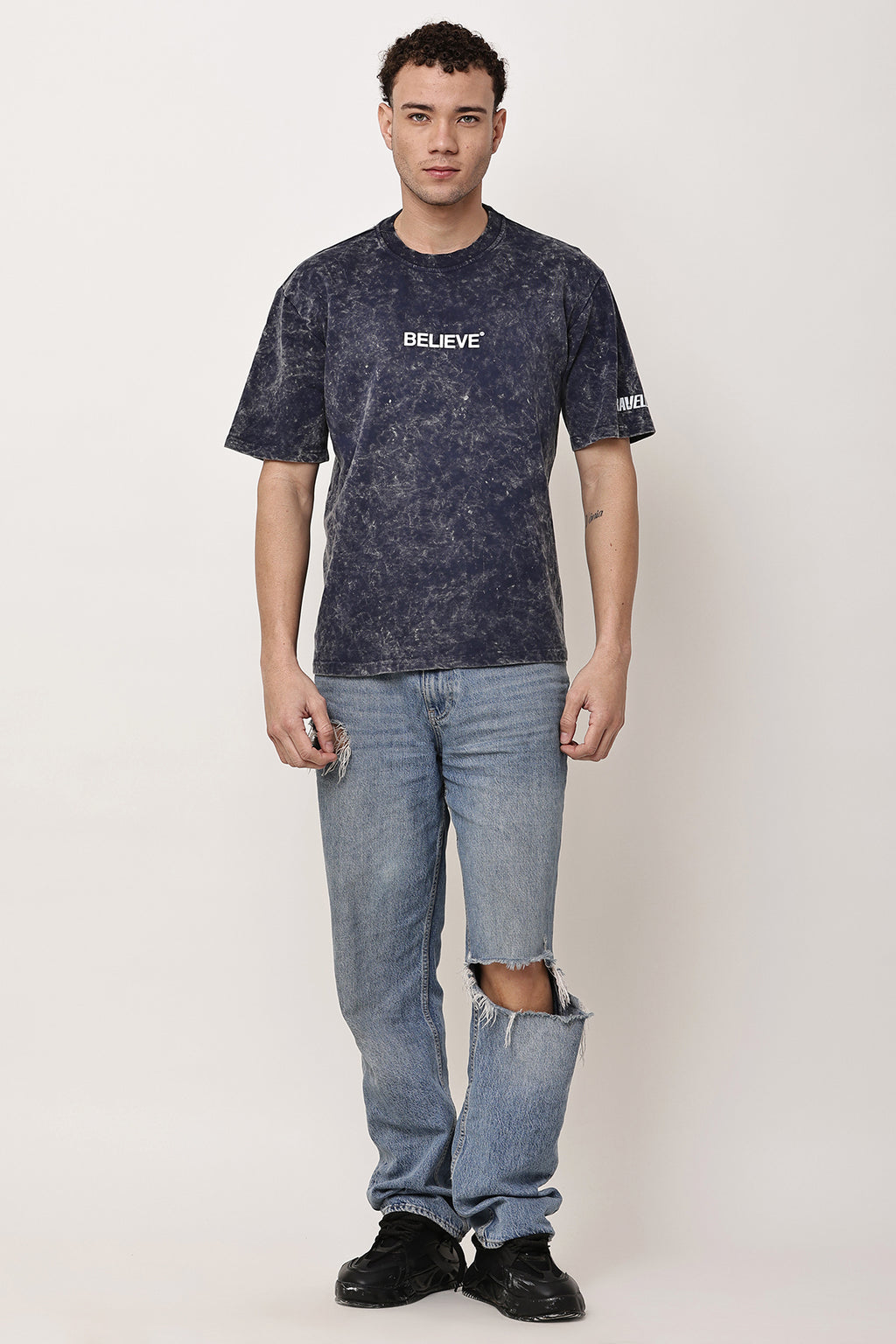 BELIEVE Stone Washed MENS Oversized T-Shirt - GRAVELLO