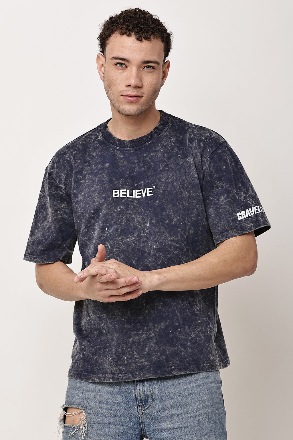 BELIEVE Stone Washed MENS Oversized T-Shirt - GRAVELLO