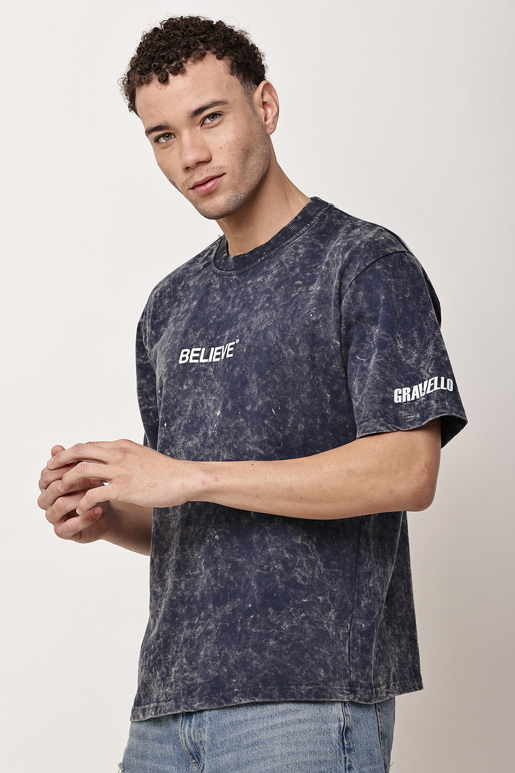 BELIEVE Stone Washed MENS Oversized T-Shirt - GRAVELLO