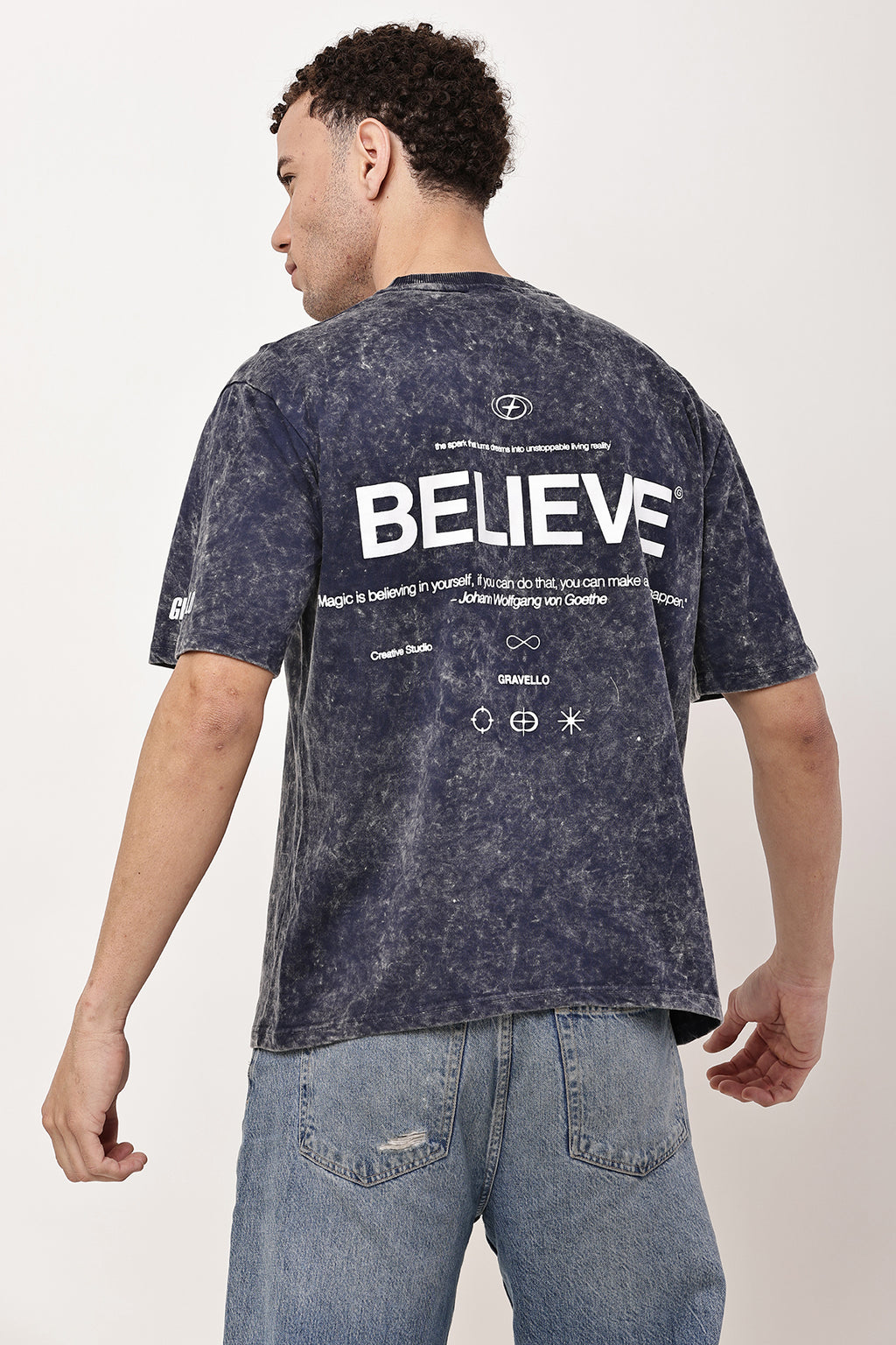 BELIEVE Stone Washed MENS Oversized T-Shirt - GRAVELLO