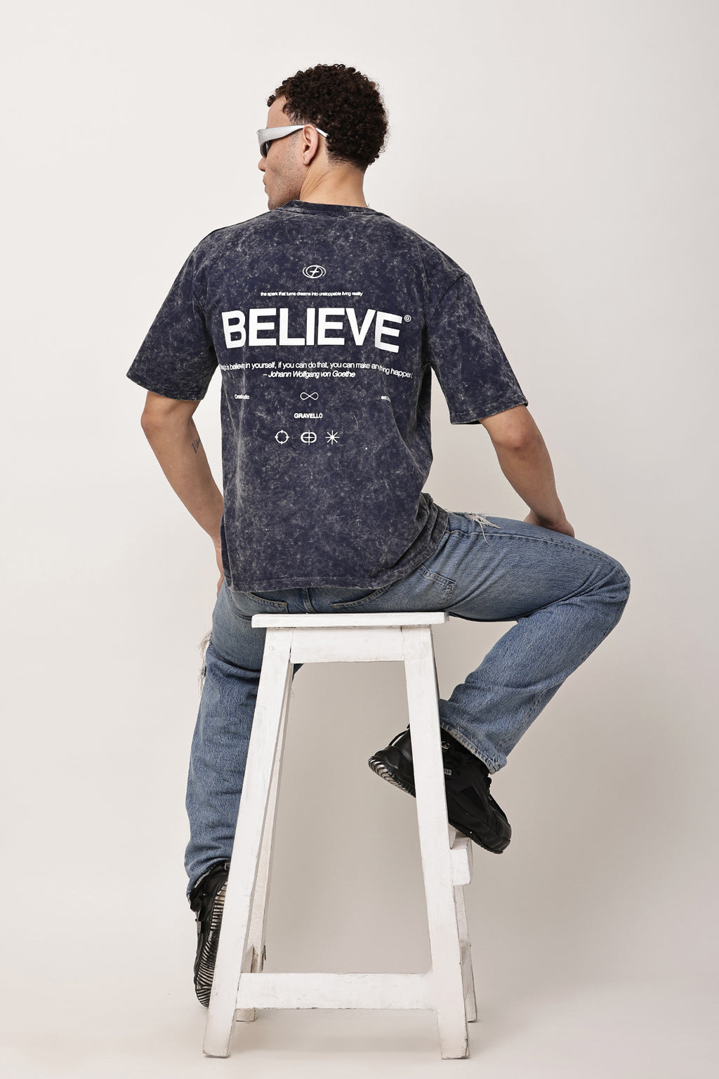 BELIEVE Stone Washed MENS Oversized T-Shirt - GRAVELLO